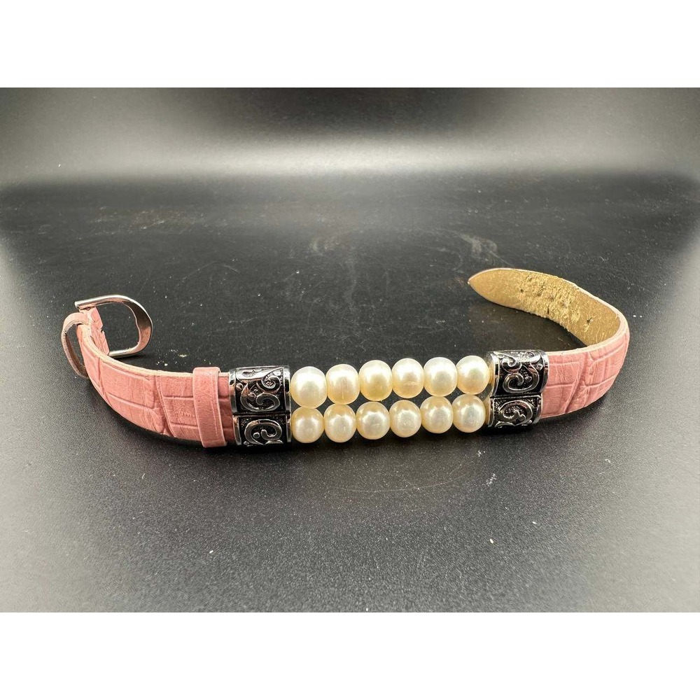 Pink Faux Croc Leather Double Row Pearl Bracelet Silver‎ Ornate 051 (76)